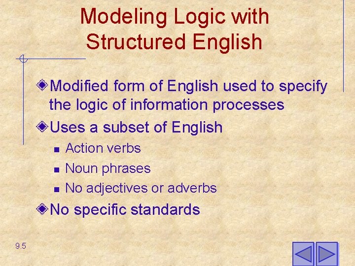 Modeling Logic with Structured English Modified form of English used to specify the logic