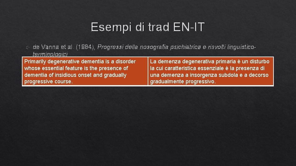 Esempi di trad EN-IT de Vanna et al. (1984), Progressi della nosografia psichiatrica e