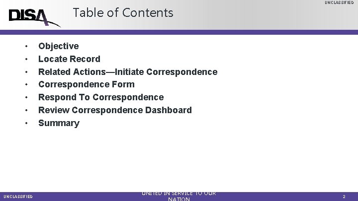 Table of Contents • • UNCLASSIFIED Objective Locate Record Related Actions—Initiate Correspondence Form Respond