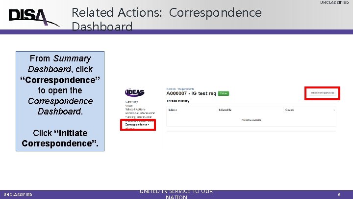 Related Actions: Correspondence Dashboard UNCLASSIFIED From Summary Dashboard, click “Correspondence” to open the Correspondence