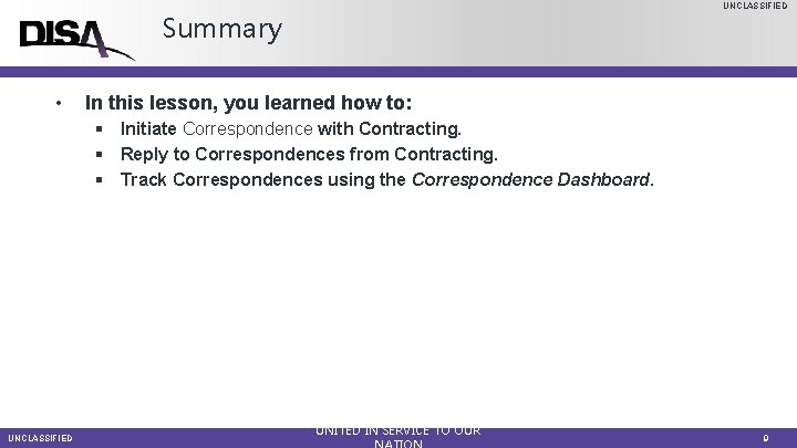 UNCLASSIFIED Summary • In this lesson, you learned how to: § Initiate Correspondence with