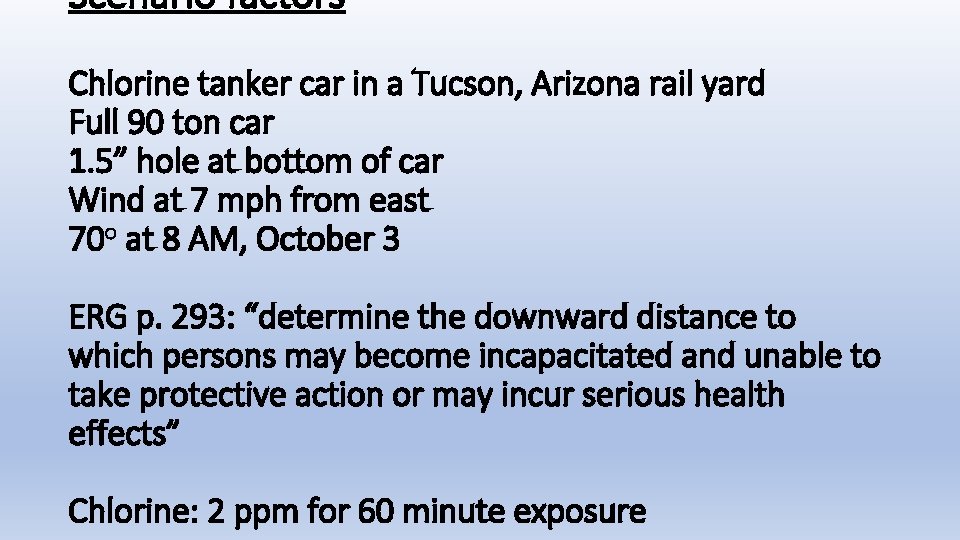 Scenario factors Chlorine tanker car in a Tucson, Arizona rail yard Full 90 ton