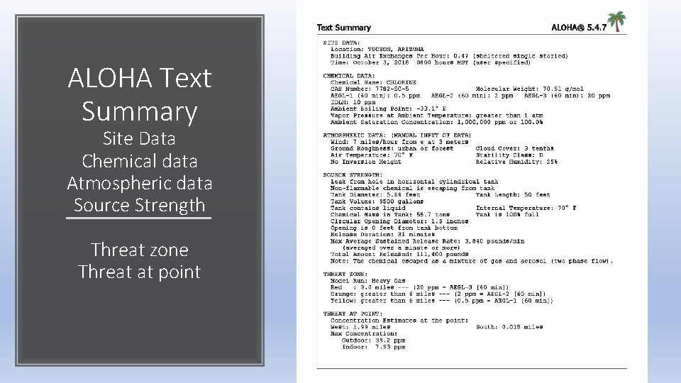 ALOHA Text Summary Site Data Chemical data Atmospheric data Source Strength Threat zone Threat