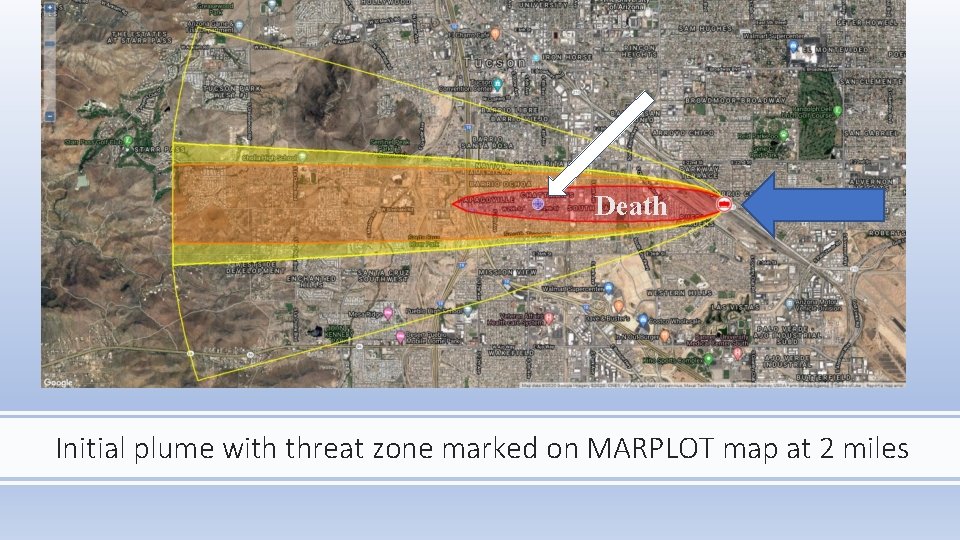 Death Initial plume with threat zone marked on MARPLOT map at 2 miles 