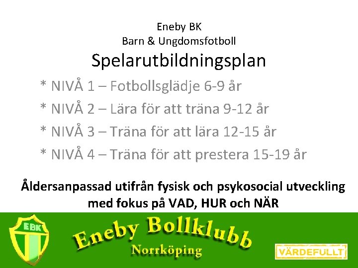 Eneby BK Barn & Ungdomsfotboll Spelarutbildningsplan * NIVÅ 1 – Fotbollsglädje 6 -9 år