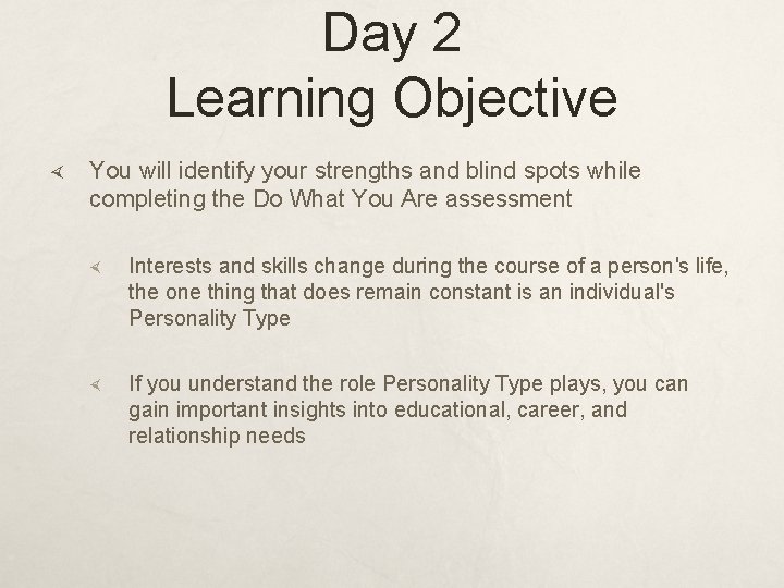 Day 2 Learning Objective You will identify your strengths and blind spots while completing