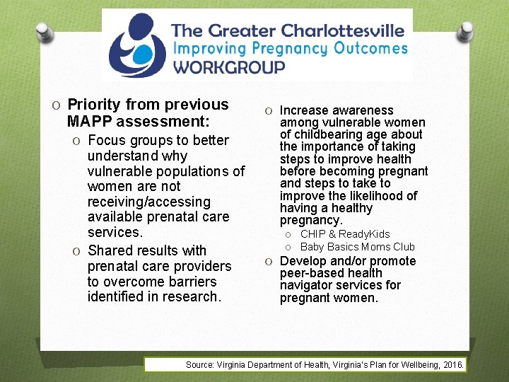 O Priority from previous MAPP assessment: O Focus groups to better understand why vulnerable