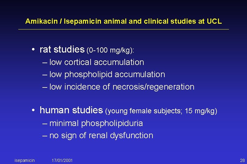 Amikacin / Isepamicin animal and clinical studies at UCL • rat studies (0 -100