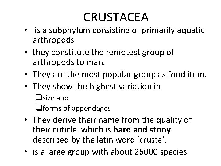 CRUSTACEA • is a subphylum consisting of primarily aquatic arthropods • they constitute the