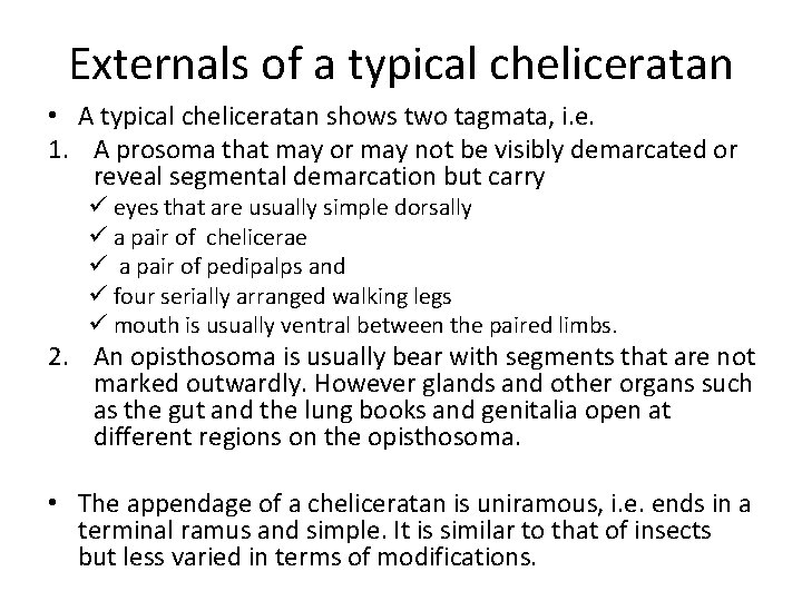 Externals of a typical cheliceratan • A typical cheliceratan shows two tagmata, i. e.