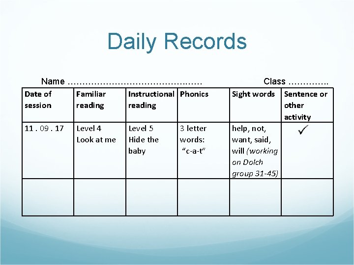 Daily Records Name …………………. …… Date of Familiar Instructional Phonics session reading 11. 09.