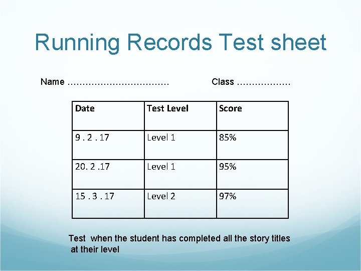 Running Records Test sheet Name ………………. Class ……………… Date Test Level Score 9. 2.