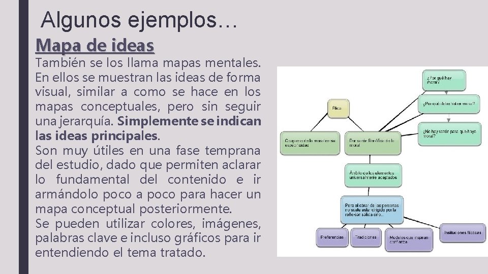 Algunos ejemplos… Mapa de ideas También se los llama mapas mentales. En ellos se