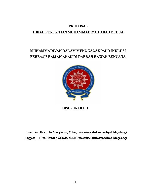 PROPOSAL HIBAH PENELITIAN MUHAMMADIYAH ABAD KEDUA MUHAMMADIYAH DALAM MENGGAGAS PAUD INKLUSI BERBASIS RAMAH ANAK