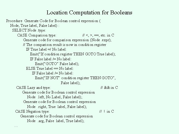 Location Computation for Booleans Procedure Generate Code for Boolean control expression ( Node, True