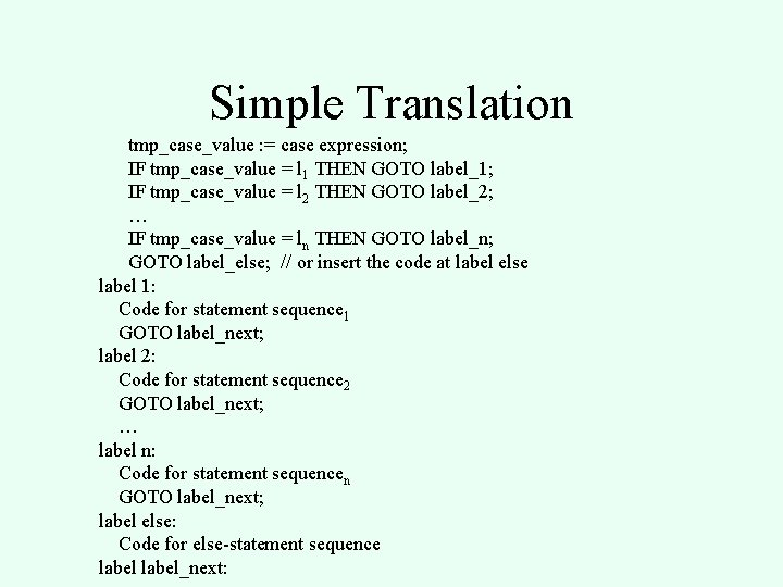 Simple Translation tmp_case_value : = case expression; IF tmp_case_value = l 1 THEN GOTO