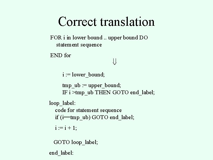 Correct translation FOR i in lower bound. . upper bound DO statement sequence END