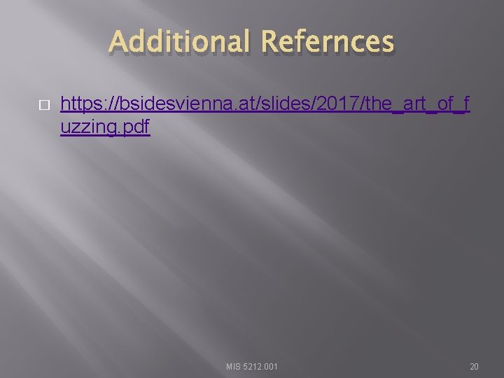 Additional Refernces � https: //bsidesvienna. at/slides/2017/the_art_of_f uzzing. pdf MIS 5212. 001 20 