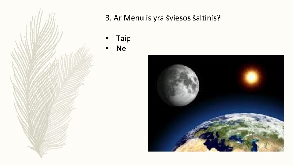 3. Ar Mėnulis yra šviesos šaltinis? • Taip • Ne 