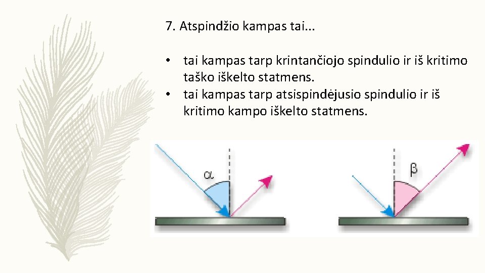 7. Atspindžio kampas tai. . . • tai kampas tarp krintančiojo spindulio ir iš