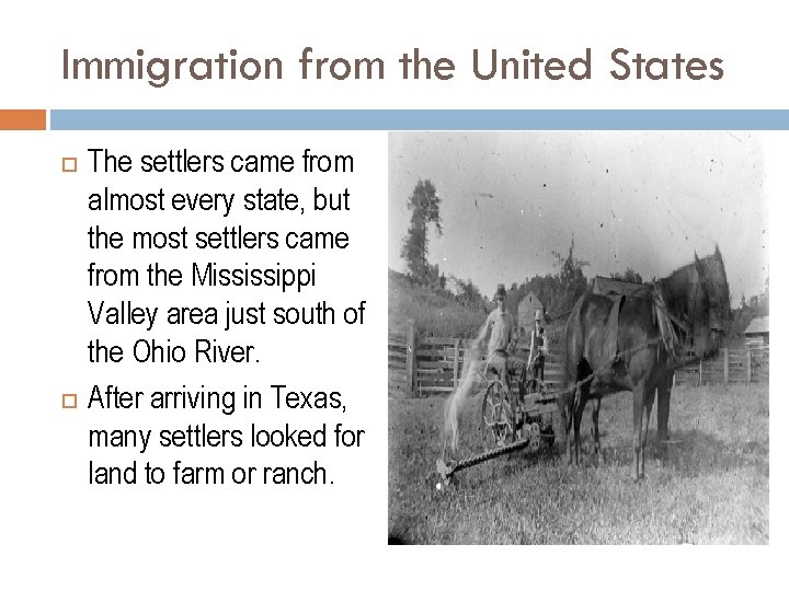 Immigration from the United States The settlers came from almost every state, but the