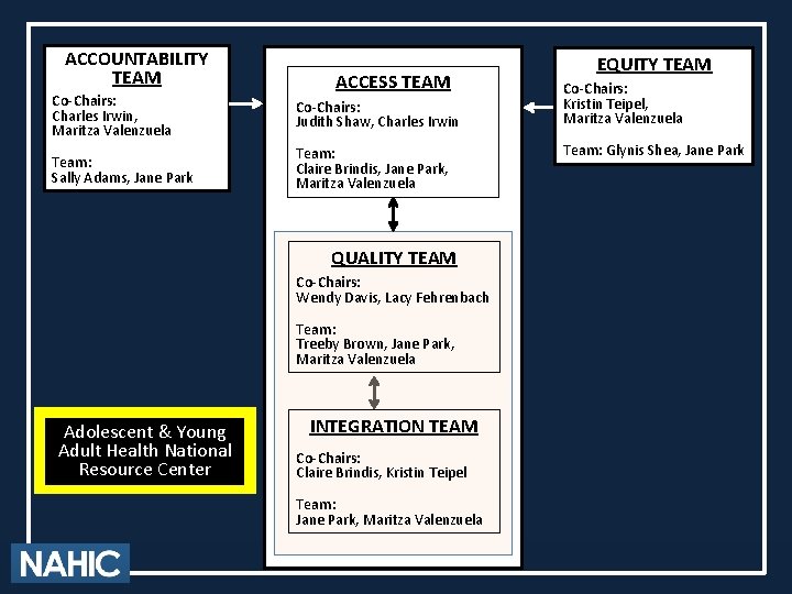 ACCOUNTABILITY TEAM ACCESS TEAM Co-Chairs: Charles Irwin, Maritza Valenzuela Co-Chairs: Judith Shaw, Charles Irwin