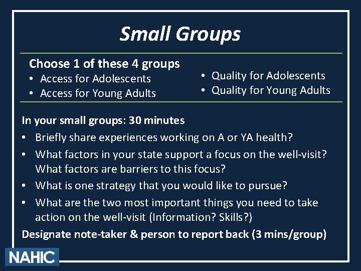 Small Groups Choose 1 of these 4 groups • Access for Adolescents • Access