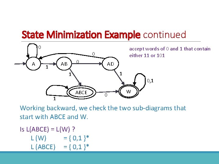 State Minimization Example continued 0 A accept words of 0 and 1 that contain