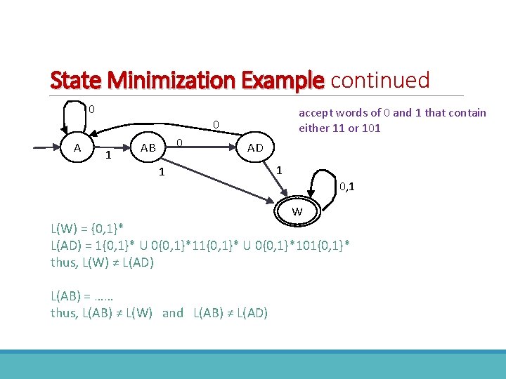 State Minimization Example continued 0 A accept words of 0 and 1 that contain