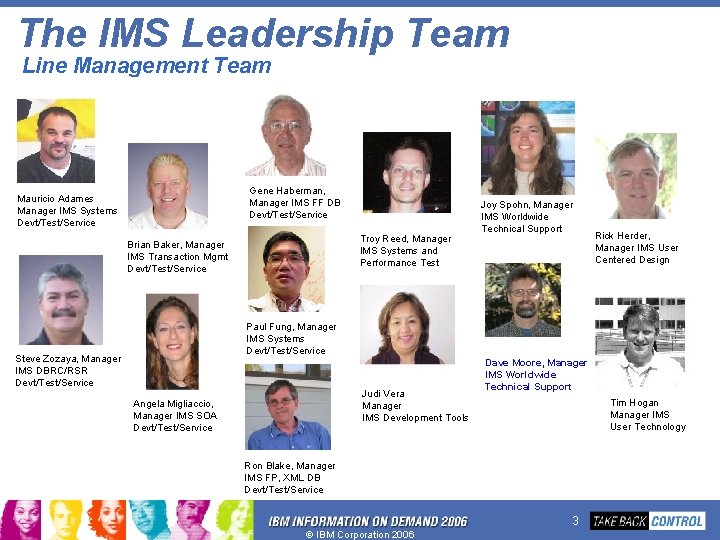 The IMS Leadership Team Line Management Team Gene Haberman, Manager IMS FF DB Devt/Test/Service