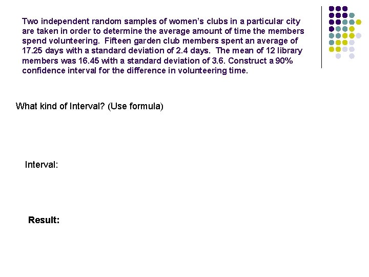 Two independent random samples of women’s clubs in a particular city are taken in