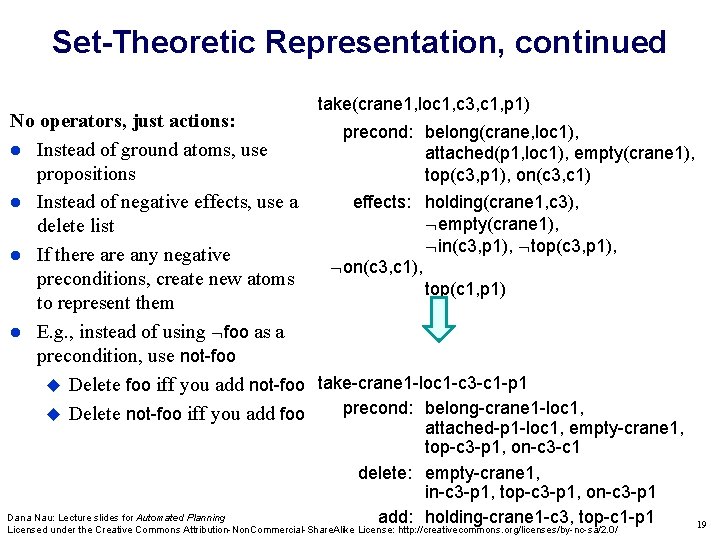 Set-Theoretic Representation, continued take(crane 1, loc 1, c 3, c 1, p 1) No