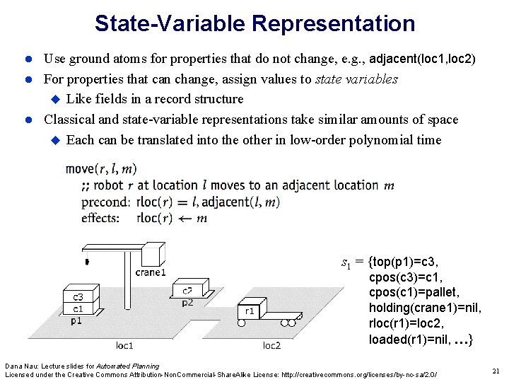 State-Variable Representation Use ground atoms for properties that do not change, e. g. ,