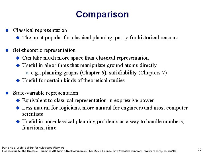 Comparison Classical representation The most popular for classical planning, partly for historical reasons Set-theoretic