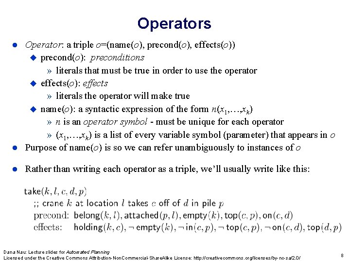 Operators Operator: a triple o=(name(o), precond(o), effects(o)) precond(o): preconditions » literals that must be