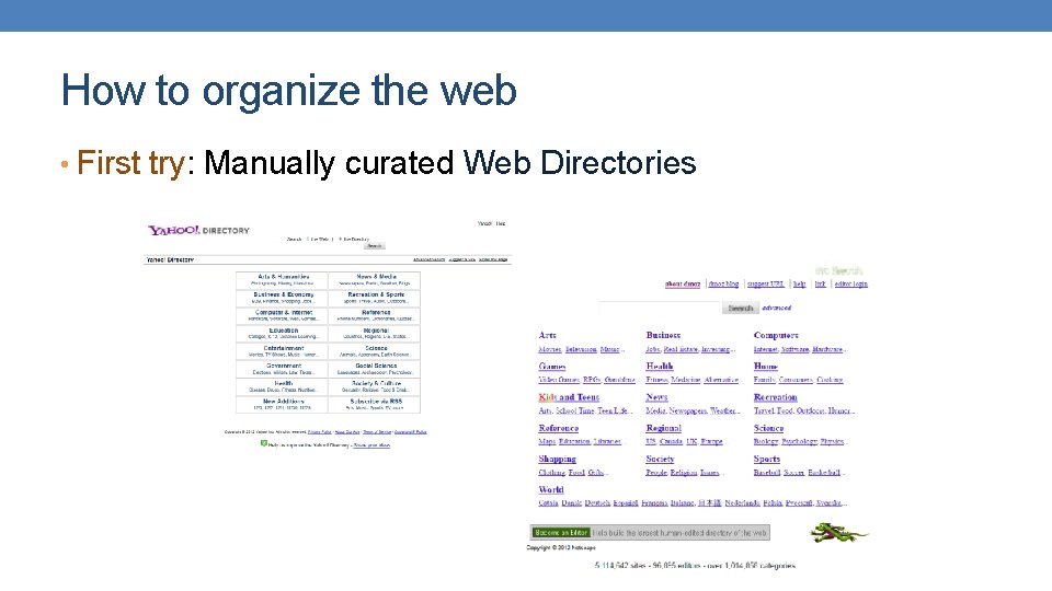 How to organize the web • First try: Manually curated Web Directories 