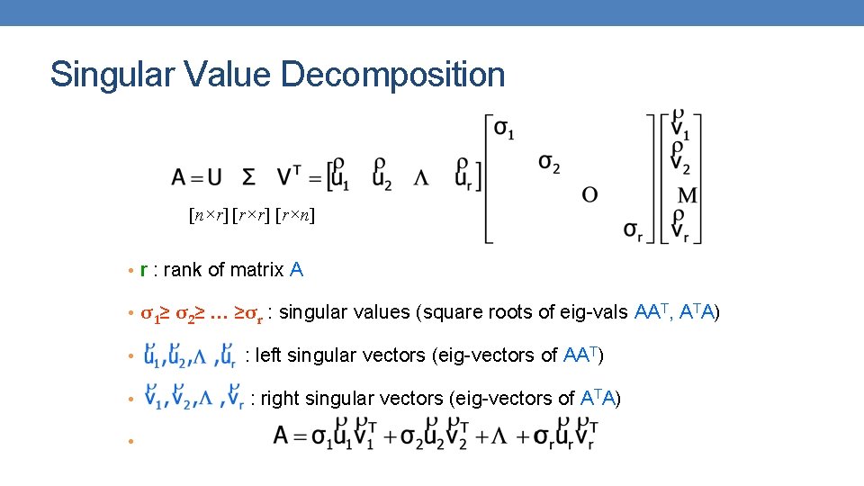 Singular Value Decomposition [n×r] [r×n] • r : rank of matrix A • σ1≥