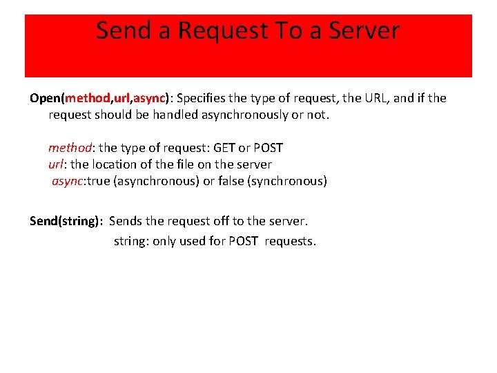 Send a Request To a Server Open(method, url, async): Specifies the type of request,