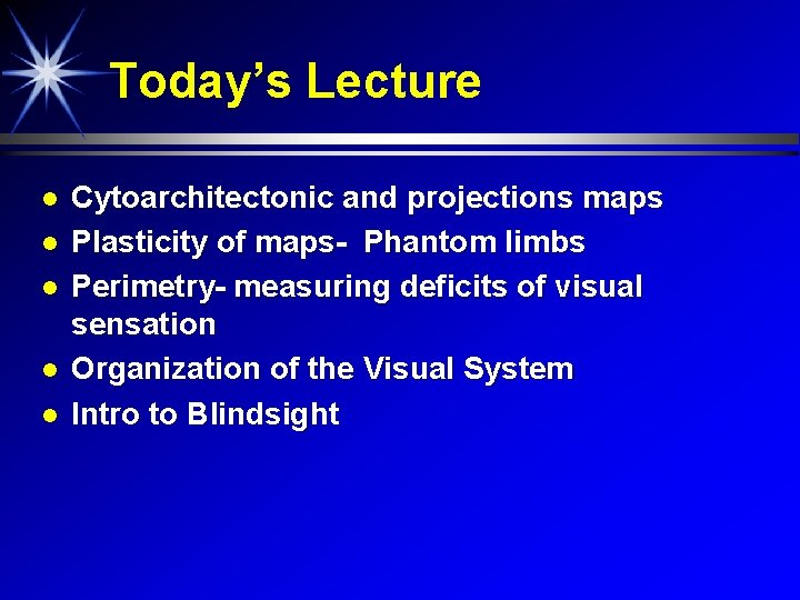 Today’s Lecture Cytoarchitectonic and projections maps Plasticity of maps- Phantom limbs Perimetry- measuring deficits