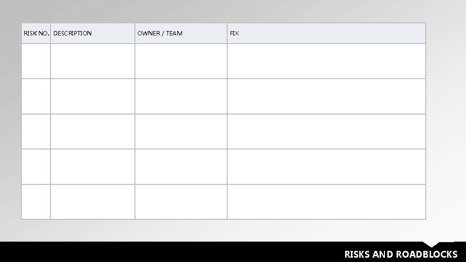 RISK NO. DESCRIPTION OWNER / TEAM FIX RISKS AND ROADBLOCKS 