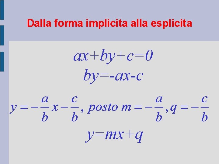 Dalla forma implicita alla esplicita ax+by+c=0 by=-ax-c y=mx+q 