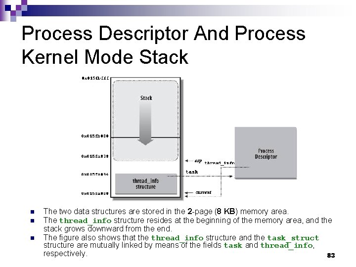 Process Descriptor And Process Kernel Mode Stack n n n The two data structures