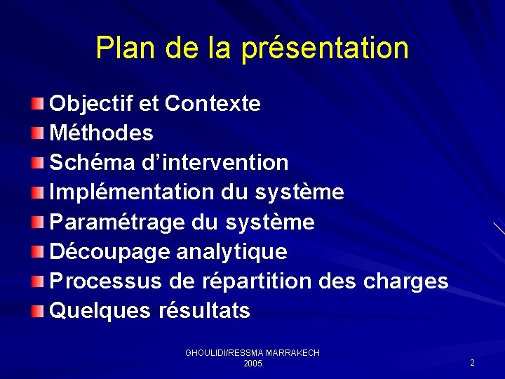 Plan de la présentation Objectif et Contexte Méthodes Schéma d’intervention Implémentation du système Paramétrage