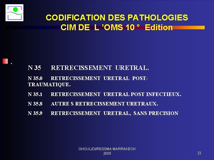 CODIFICATION DES PATHOLOGIES CIM DE L ’OMS 10 ° Edition . N 35 RETRECISSEMENT