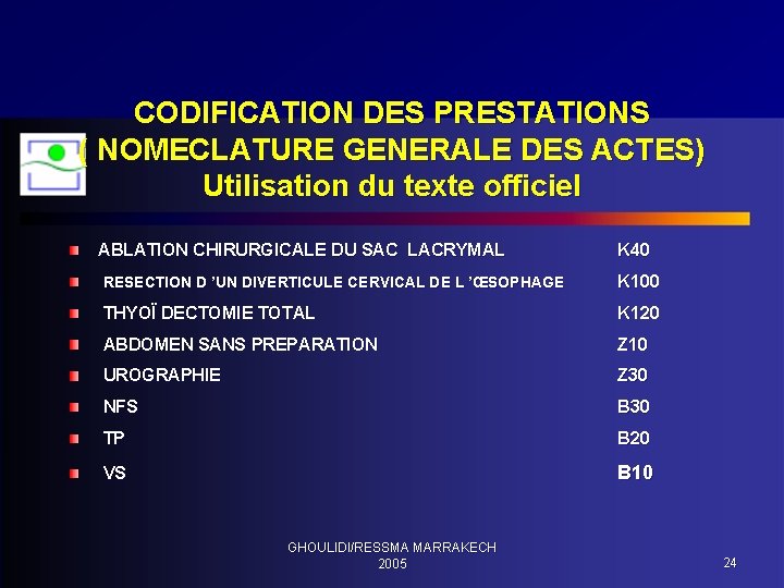 CODIFICATION DES PRESTATIONS ( NOMECLATURE GENERALE DES ACTES) Utilisation du texte officiel ABLATION CHIRURGICALE