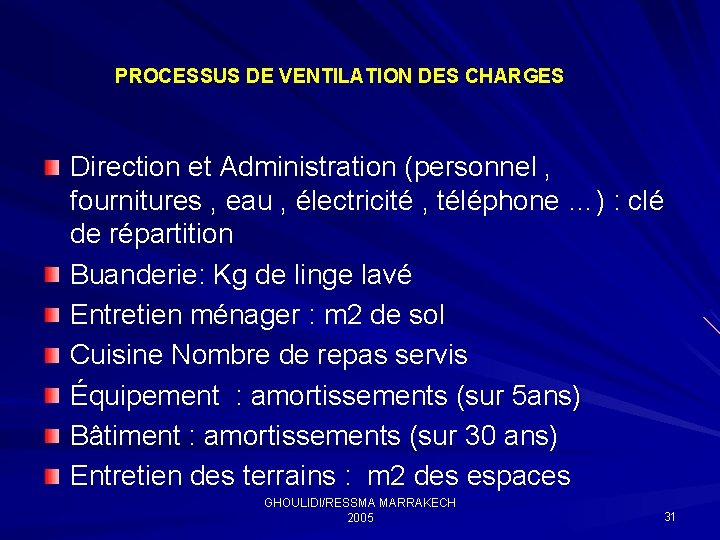 PROCESSUS DE VENTILATION DES CHARGES Direction et Administration (personnel , fournitures , eau ,