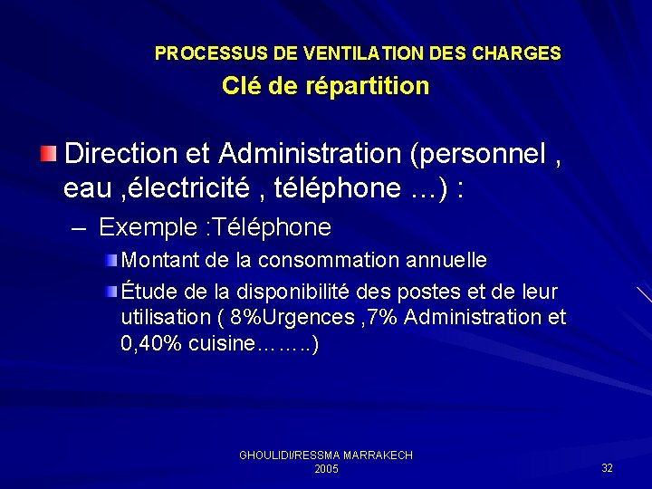 PROCESSUS DE VENTILATION DES CHARGES Clé de répartition Direction et Administration (personnel , eau