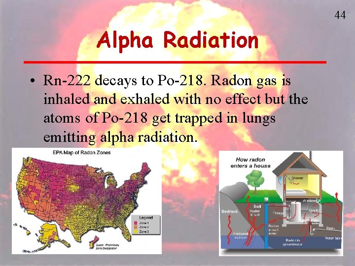 44 Alpha Radiation • Rn-222 decays to Po-218. Radon gas is inhaled and exhaled