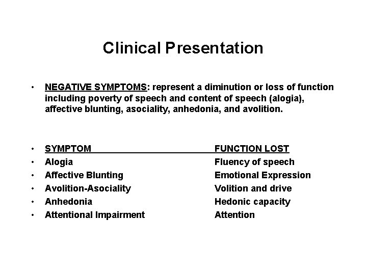 Clinical Presentation • NEGATIVE SYMPTOMS: represent a diminution or loss of function including poverty