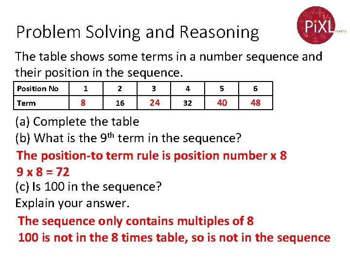 Problem Solving and Reasoning The table shows some terms in a number sequence and